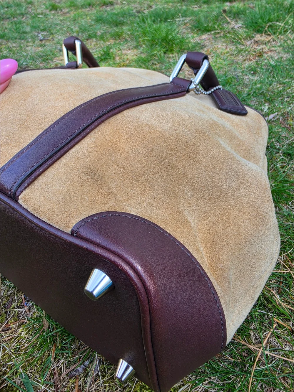 Coach Hampton Beige Tan Suade & Brown Leather Medium Carryall Tote Bag Satchel